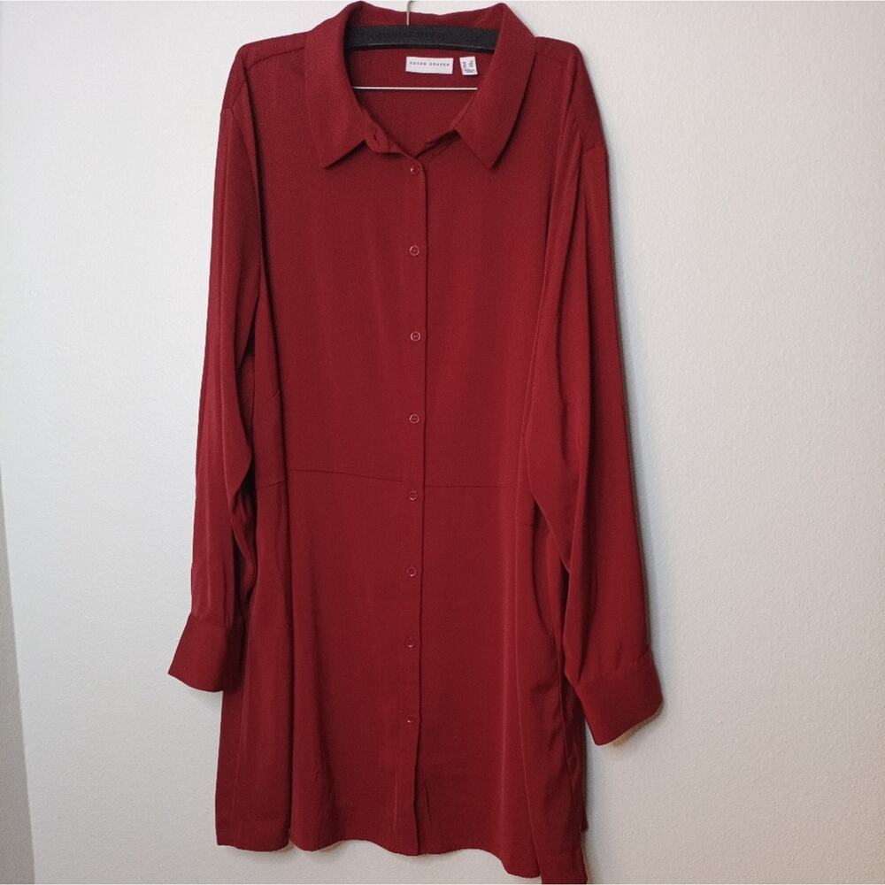 Susan Graver Tunic Rich Red Long Sleeve Silky Flowy Button Down - Picture 7 of 8
